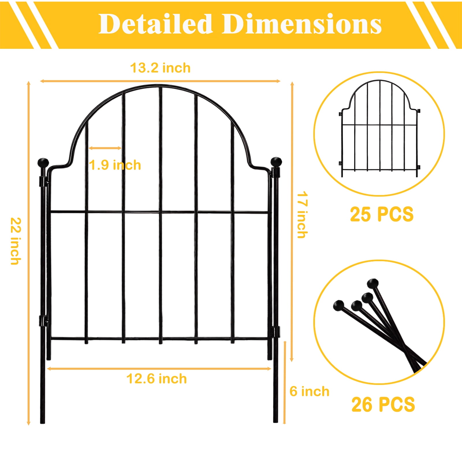 Blingluck Decorative Garden Fence, 25 pack Rustproof Metal No Dig Garden Fencing Border, Total 17 in(H) x 27.5 ft(L), Animal Barrier for Yard, Arched