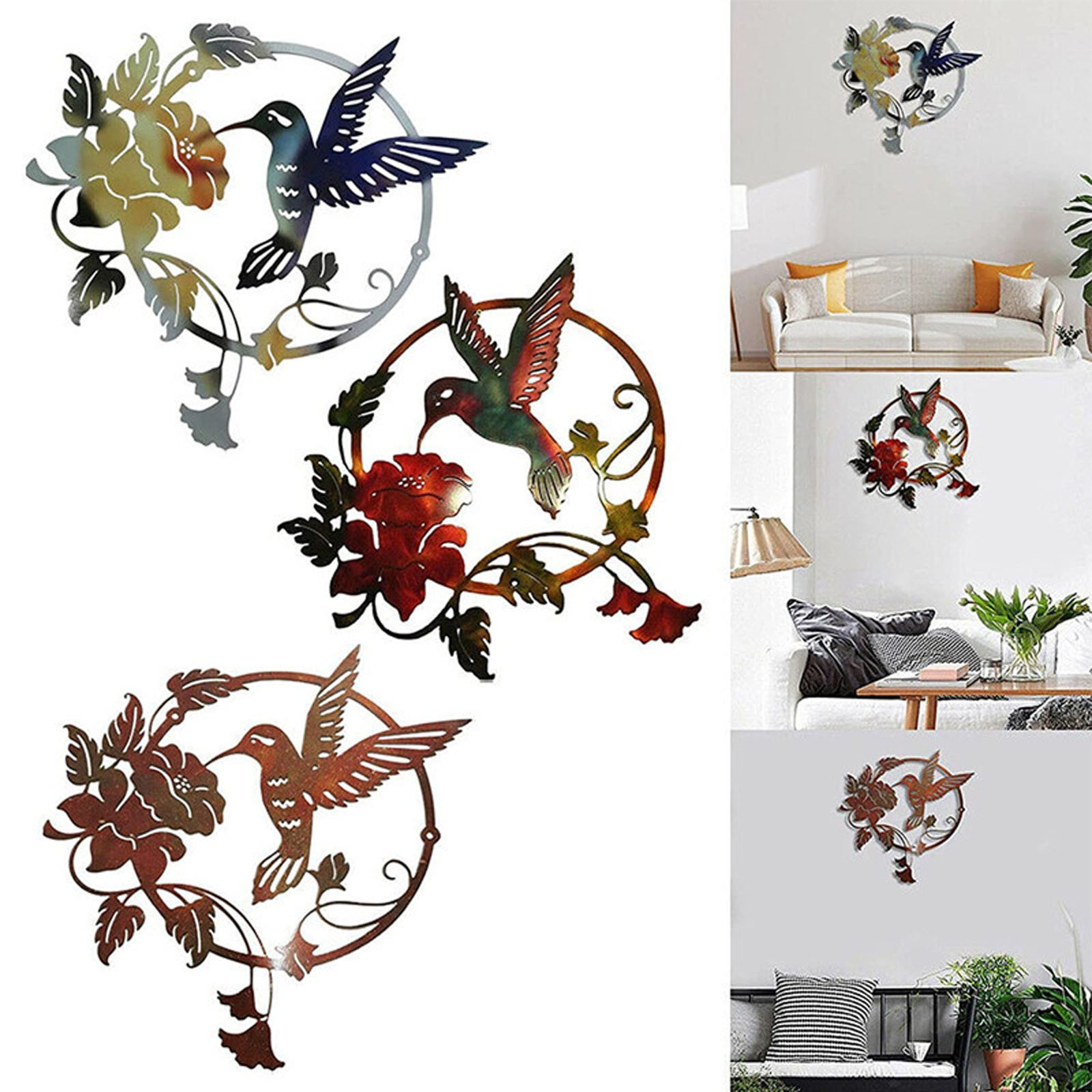 SINIMOKO Round Metal Bird Wall Art Decoration Living Room Hummingbird Flowers Outdoor Metal Wall Art Circle