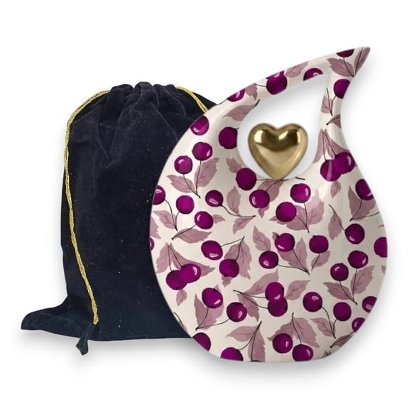 Cremation Urn for Human Ashes 200 Cu In – Purple Cherry Teardrop Memorial Urn Adult Funeral Urn Aluminum Burial Urns with Velvet Bag Gold Heart