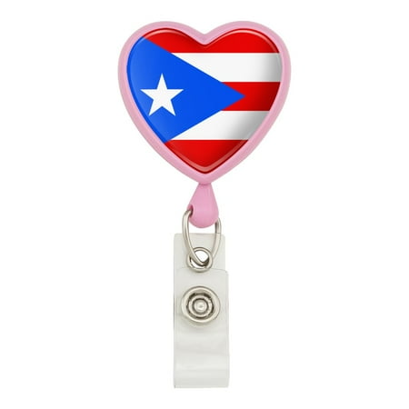 Flag Badge Holder Puerto Rico Country Flag Heart Lanyard Retractable Reel Badge ID Card Holder - Pink ()
