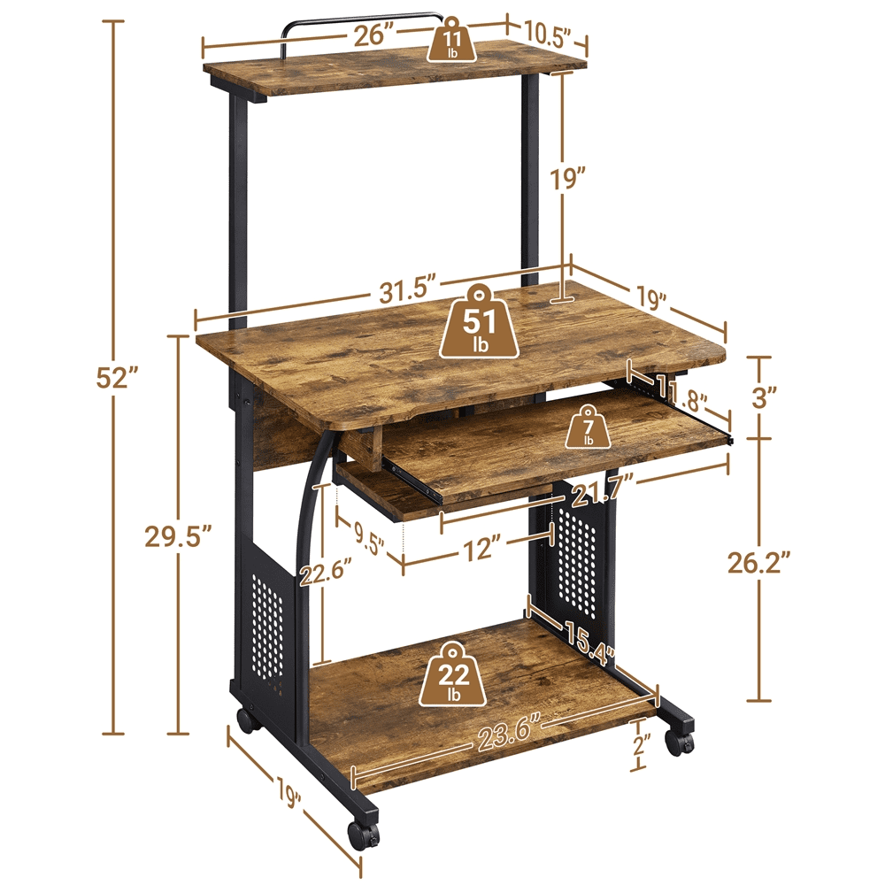 Topeakmart 2-Tier Rolling Computer Desk with Keyboard Tray, Rustic Brown