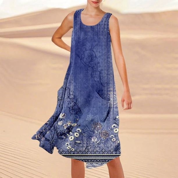WILLBEST Vestido Largo Informal De Verano Para Mujer, Estampado, Sin Mangas, Hasta La Rodilla, Para Playa, Cuello Redondo, Con Bolsillos, Para Vacaciones, Viajes Y Uso Diario.