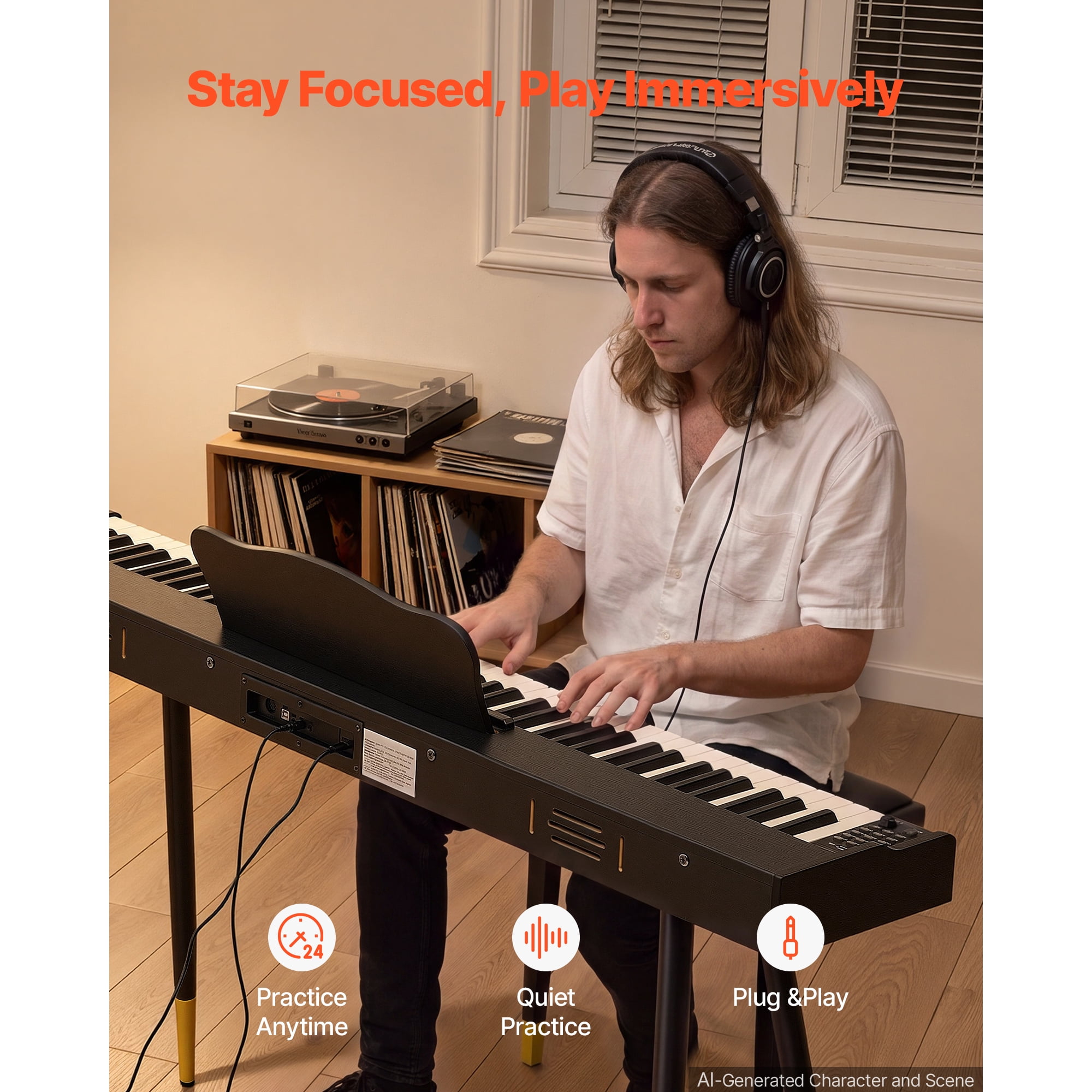 KFFKFF Digital Piano with 88 Semi-Weighted Keys, Full-Size Keyboard, Stand, and Accessories – Ideal for Beginners, Featuring 600 Tones, 600 Rhythms, Sustain Pedal, Built-in Speaker, Headphone Jack.