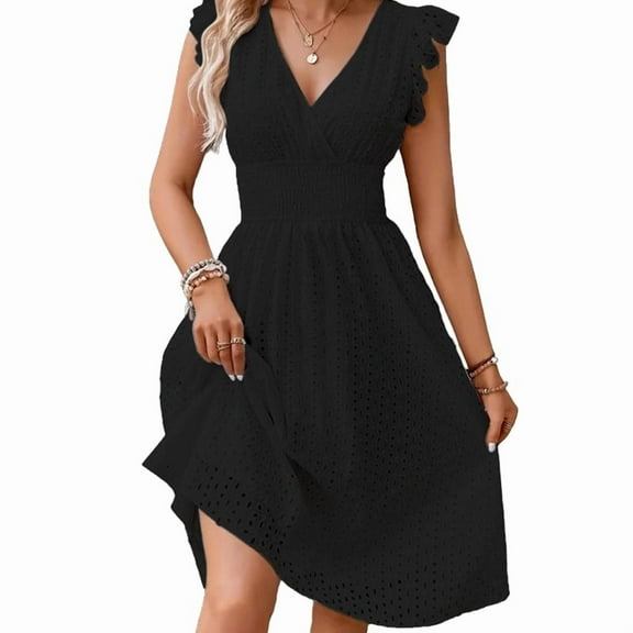 Women'S 2025Eyelet Lace Embroidery Smocked Waist Party Dress Flutter Sleeve A Line Midi Long Sun Dress Black L