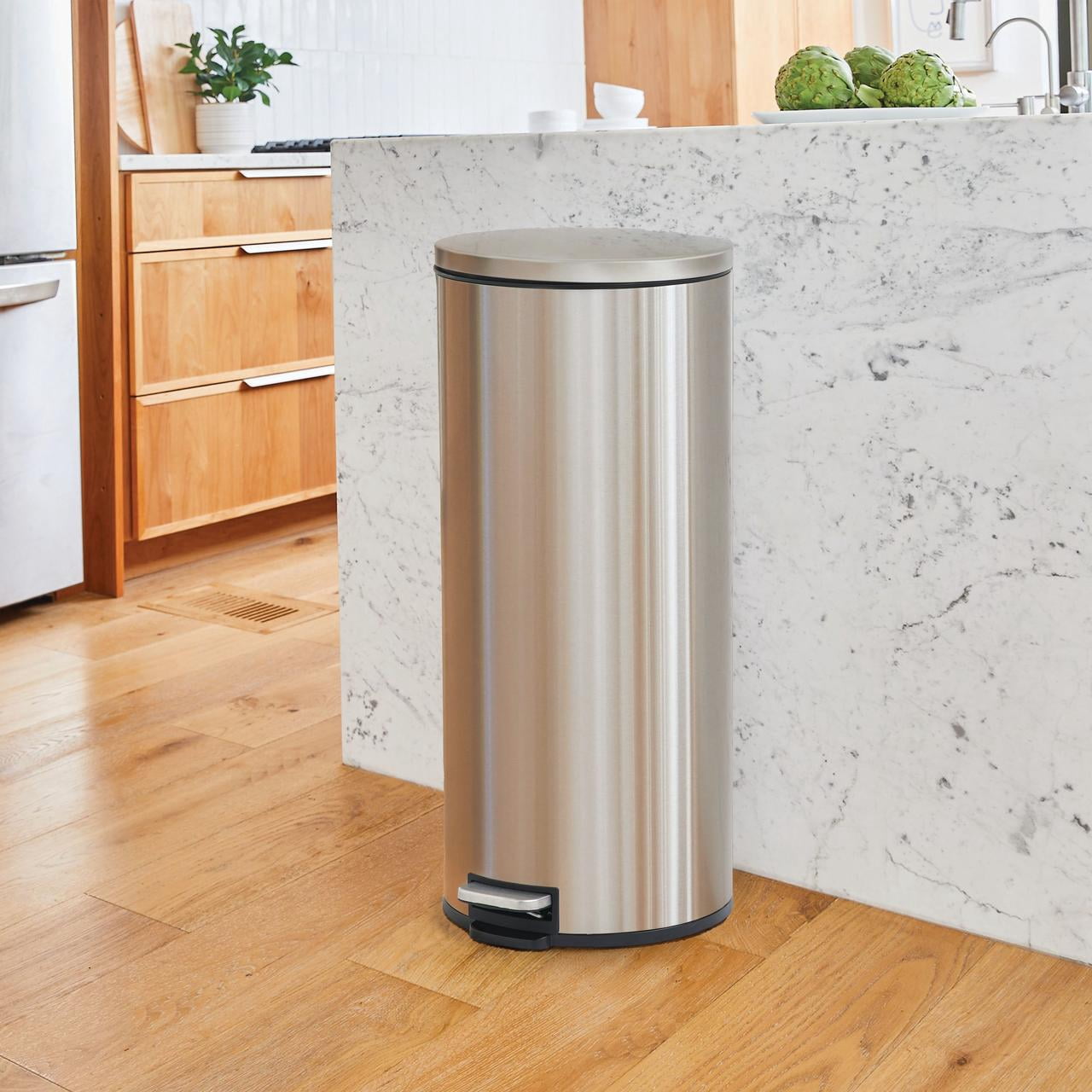 (2 pack) Better Homes & Gardens Stainless Steel Bathroom Trash Can, 7.9 Gallon, Round Soft Close Step On Lid Garbage Bin, Silver