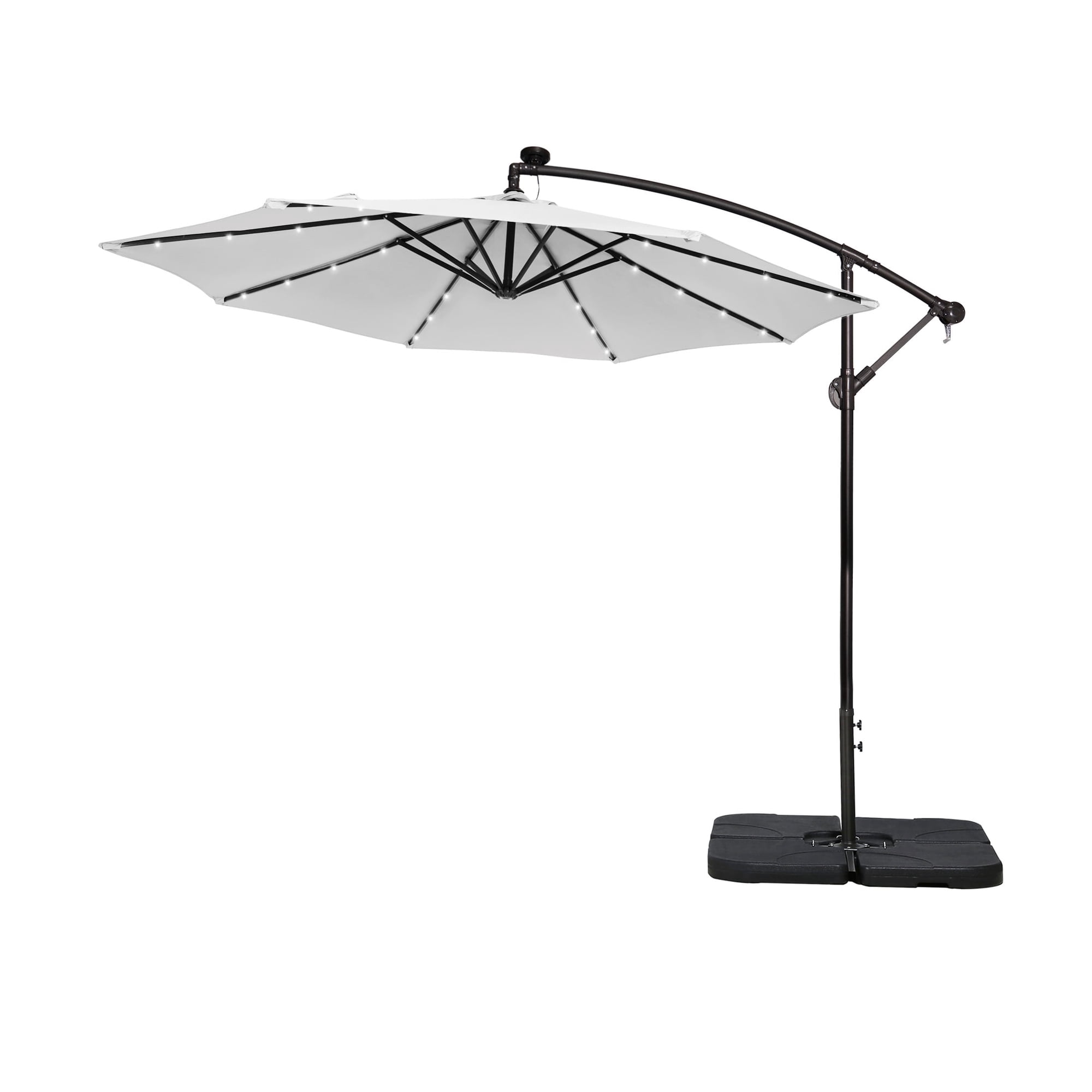 WestinTrends Albert 10 Ft Offset Patio Umbrella with Base Include Solar Powered 32 LED Light Outdoor Pool Hanging Cantilever Umbrella with Infinite Tilt and Crank Lift BlackWhite