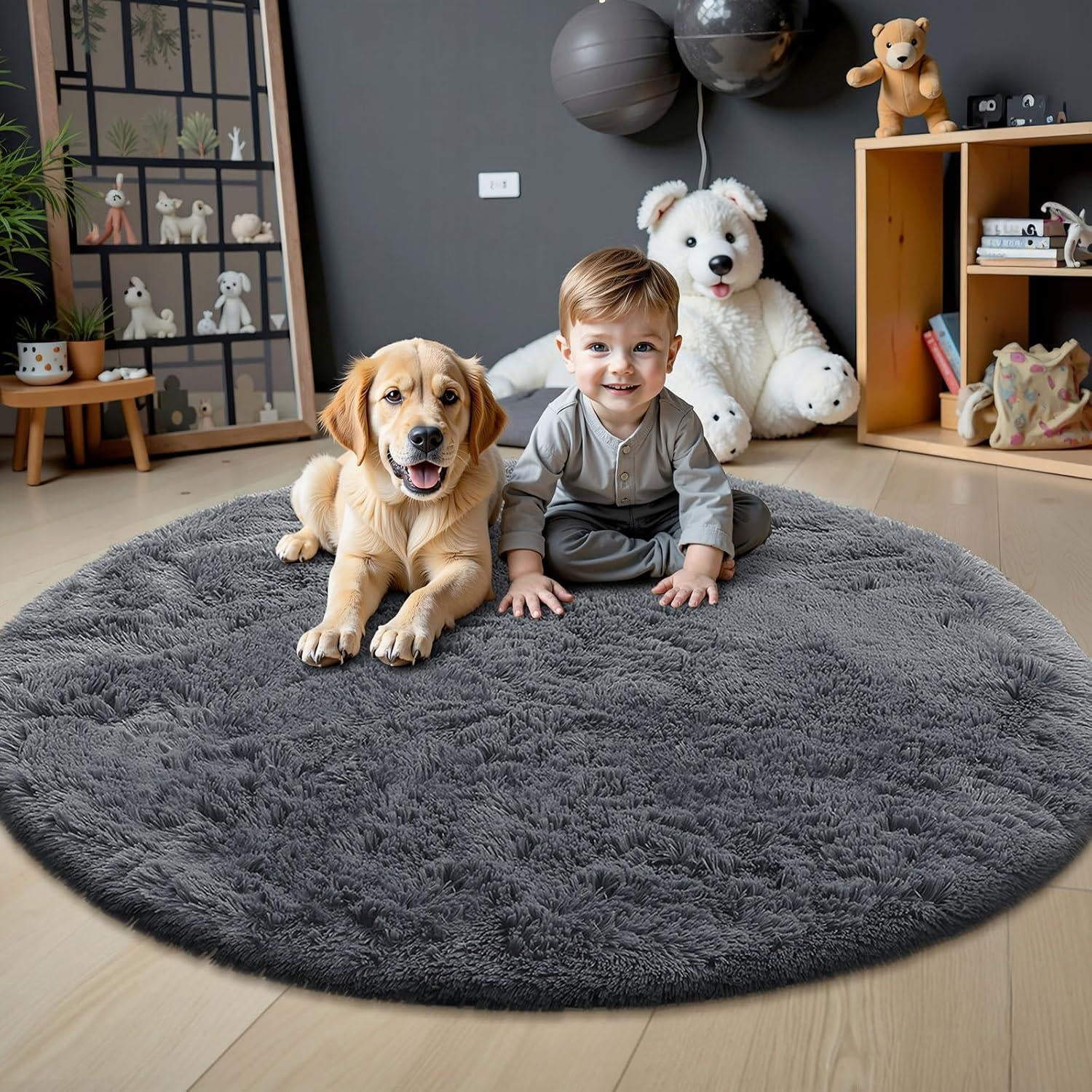 Buganda Fluffy Area Rugs, Round Area Rug for Living Room, Soft Decorative Carpet for Indoor Home, 5'x5', Grey