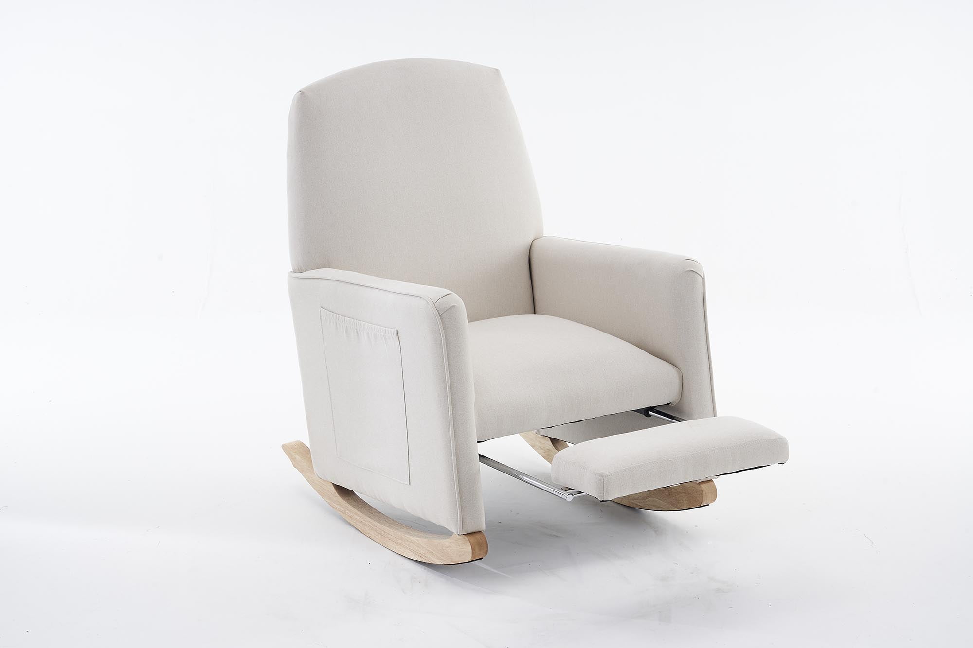 Cotton Linen Rocking Chair Adjustable Footrest, Wooden Legs 300 LBS Capacity Easy Assembly Living Room or Bedroom Furniture