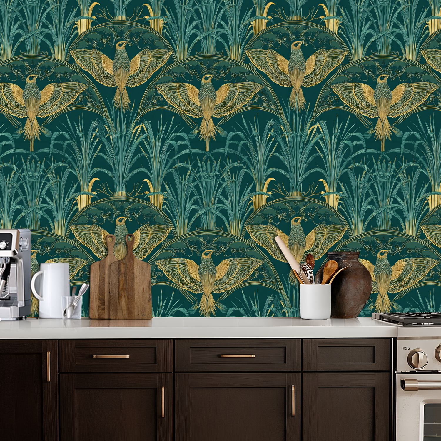 Vintage Peel and Stick Wallpaper Botanical Birds Ornamental Foliage Teal Gold Wall Mural 17.7in x 9.8ft Self Adhesive Removable Wall Paper Renter Friendly Wallpaper for Nursery Bedroom Cabinets