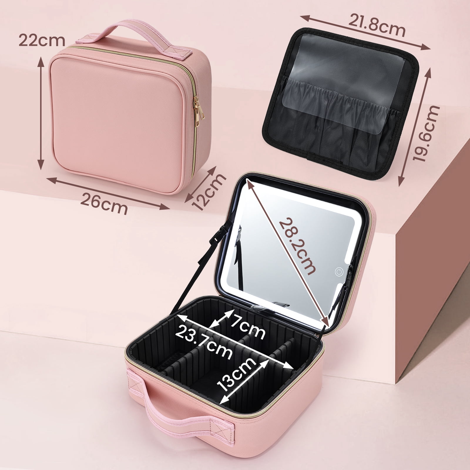 Makeup Bag with LED Mirror Travel Makeup Case Large Cosmetic Train Case with Brush Holder
