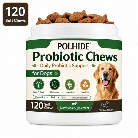 POLHIDE Allergy Probiotic Chews for Dogs, Yeast & Itch Relief, Skin Coat & Gut Health, 3 Billion CFU, Pork Flavor, 120 Count