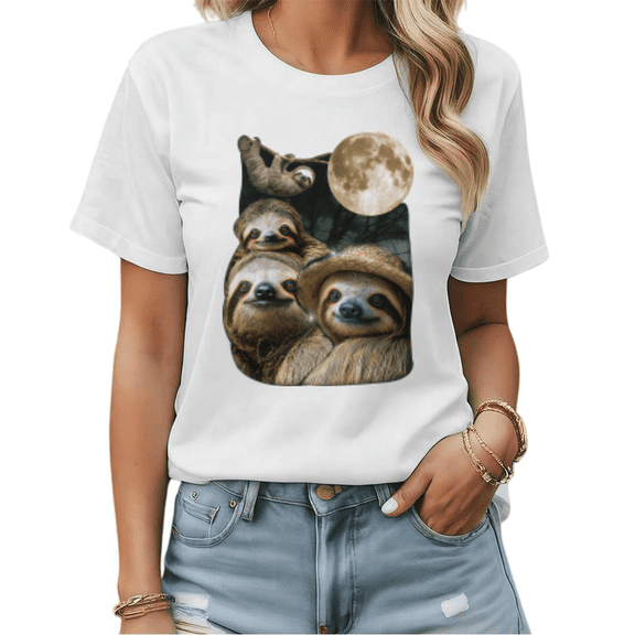 Moonlight Sloth Crew Graphic Tees Womans T-shirt Black/White S-5XL Shirts Animal Lover Tops