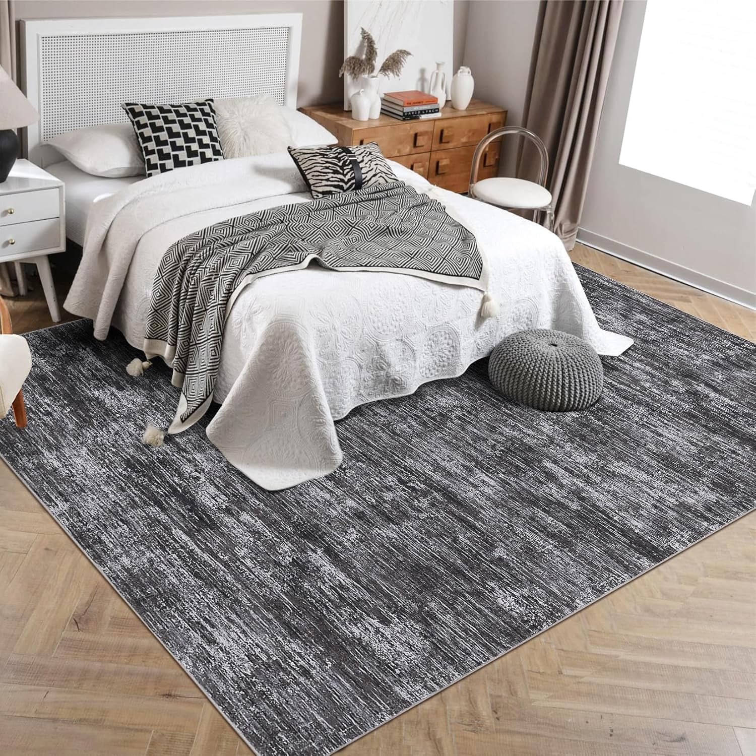 Shininglove Washable Area Rugs 9' x 12' Large Modern Abstract Plain Texture Living Room Carpet, Contemporary Non-Slip Accent Floor Mat for Playroom Nursery Room(Dark Grey)