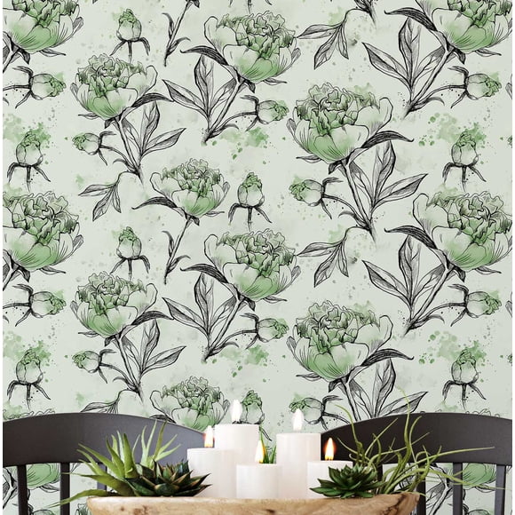 S4Sassy Peel And Stick Wall Covering, Hand-Drawn Peony Removable Wallwrap - Green Instant Wall Makeover Mural For Bathroom, Laundry Room, Closet Interior - Self-Adhesive Wallpaper Vinyl -25"X 120"