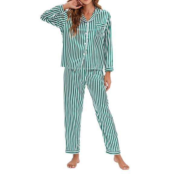 JGTDBPO Two Piece Pajamas Set For Womens Pjs Set Lapel Sleepwear Nightwear Solid Color Button Down Classic Long Sleeve Soft Sleepwear Lounge Household Trousers Pajama Set