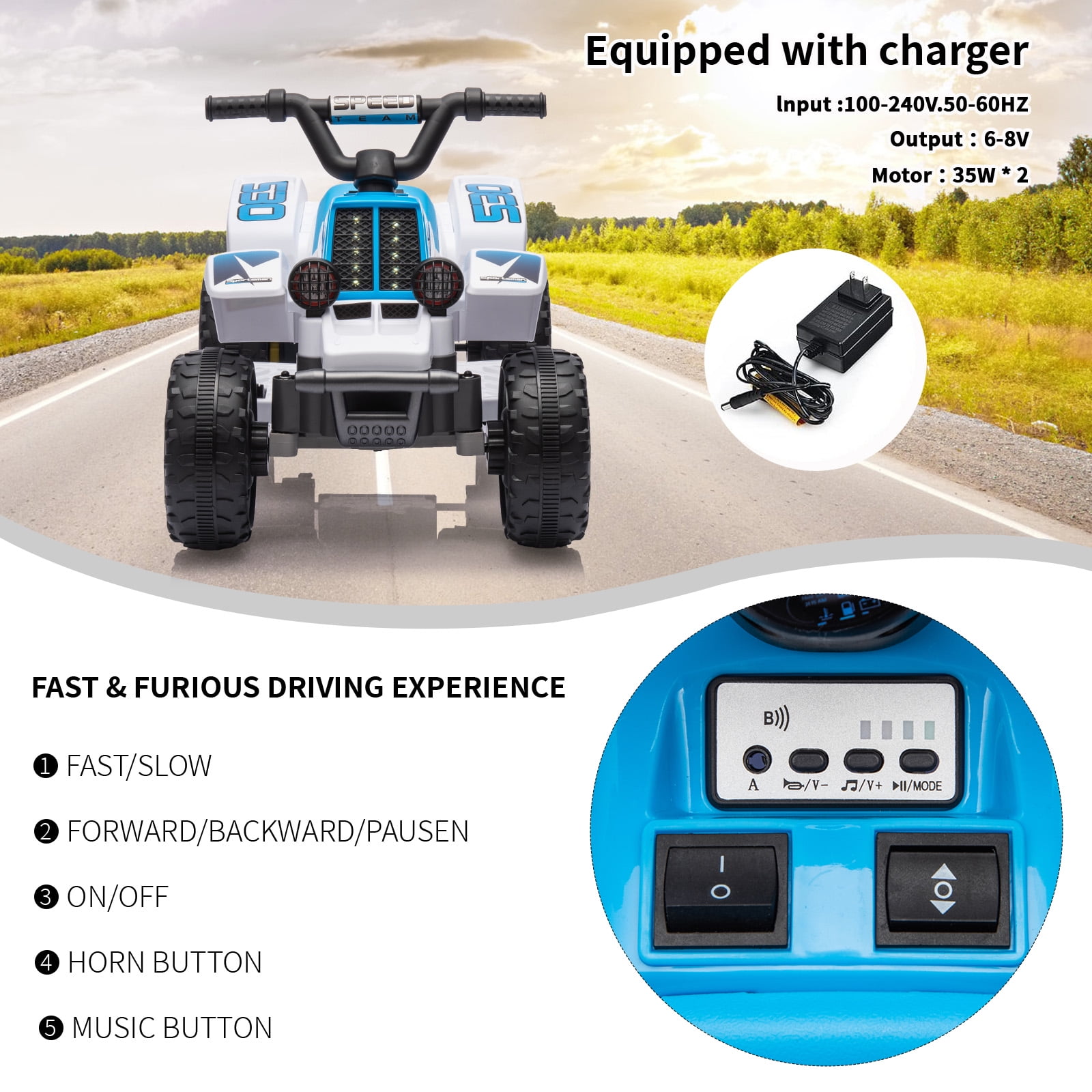 Luku Kids Ride On ATV, 6V Ride On Car with Led Headlights, Music, Treaded Tires, Rubber Handles, Push-Button Accelerator, forward & Reverse