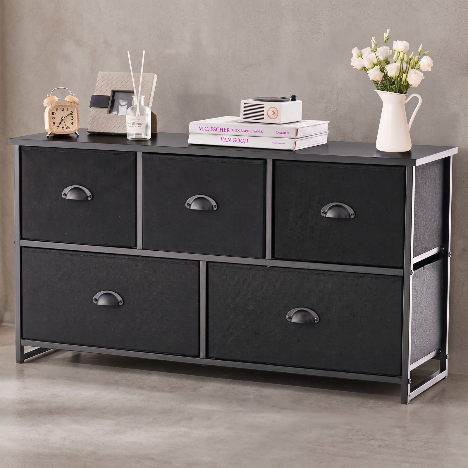 Furnibear 5-Drawer Fabric Storage Tower Dresser with Steel Frame and Foldable Cloth Bins for Bedroom Closet and Nursery, Black