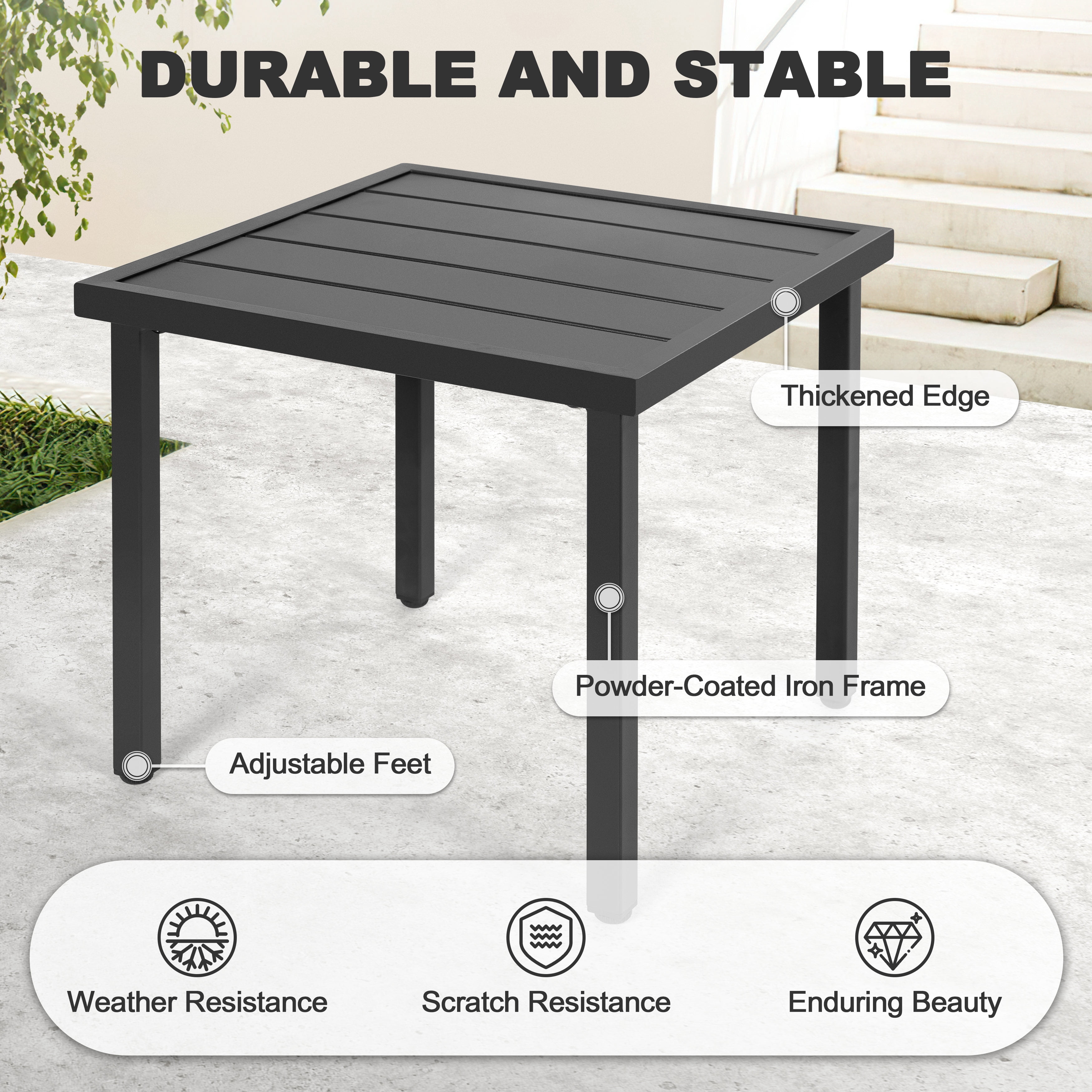 Nuu Garden Square Metal Outdoor Side Table, Patio Bistro Table, Outdoor Square End Table, Black