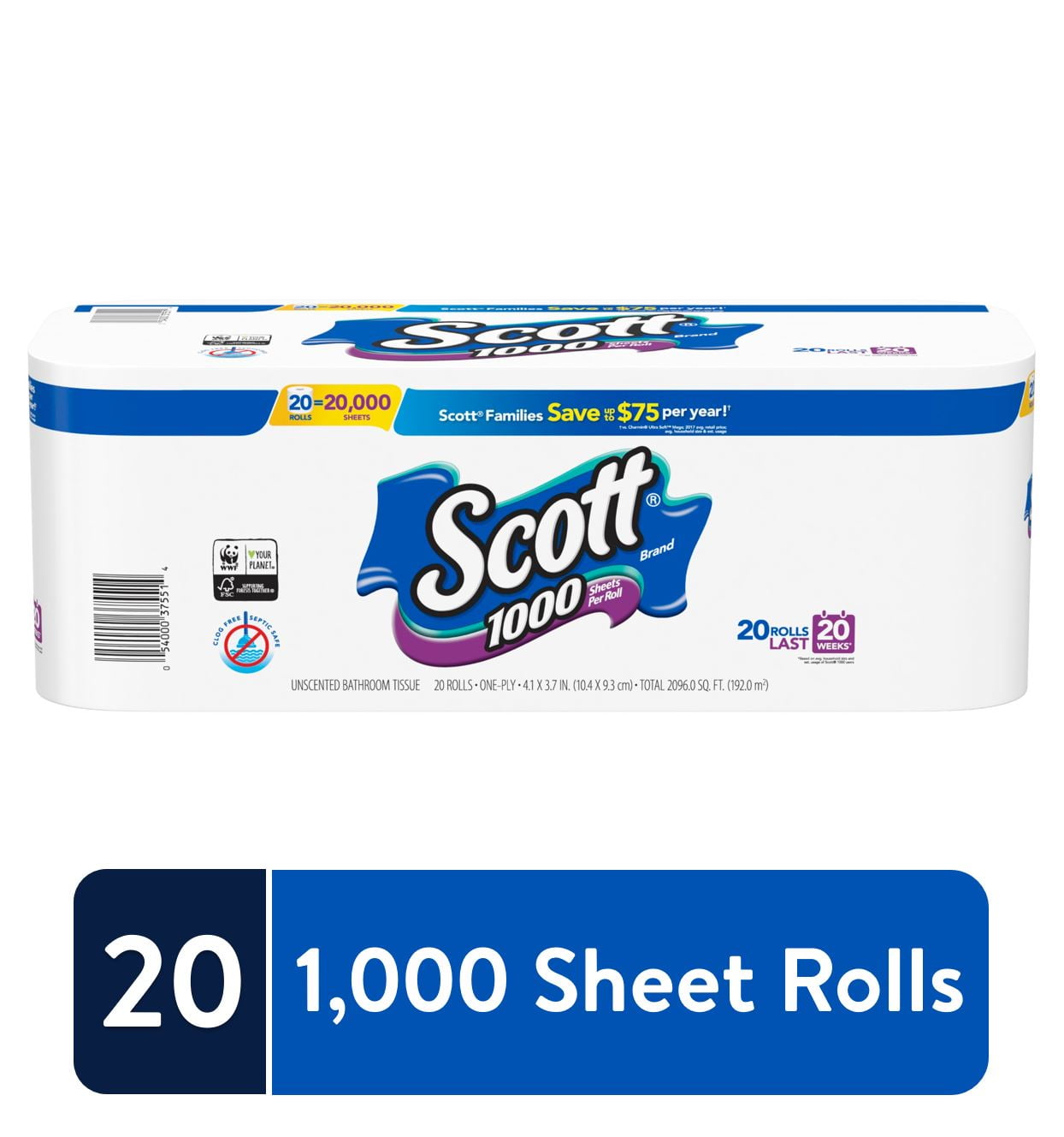 20 Rolls 13342 Bath Tissue Scott 1000 Sheets Per Roll Toilet Paper 