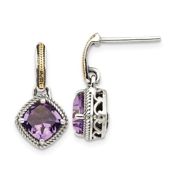 Sterling Silver With 14k Antiqued Amethyst Post Dangle Earrings - 1.80 cwt - Measures 17x10mm Wide