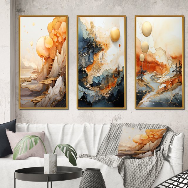 Designart "Abstract Mountain Landscape Illuminated by Full Moon I" Abstract Landscape Framed Wall Art Set Of 3 - Gold Abstract Landscapes Frame Canvas Set For Living Room Decor