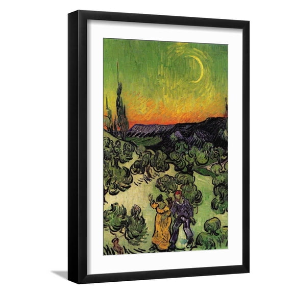 Art.com Landscape with Couple Walking and Crescent Moon Art Print by Vincent van Gogh, Black Frame Wall Art, 17" x 23"