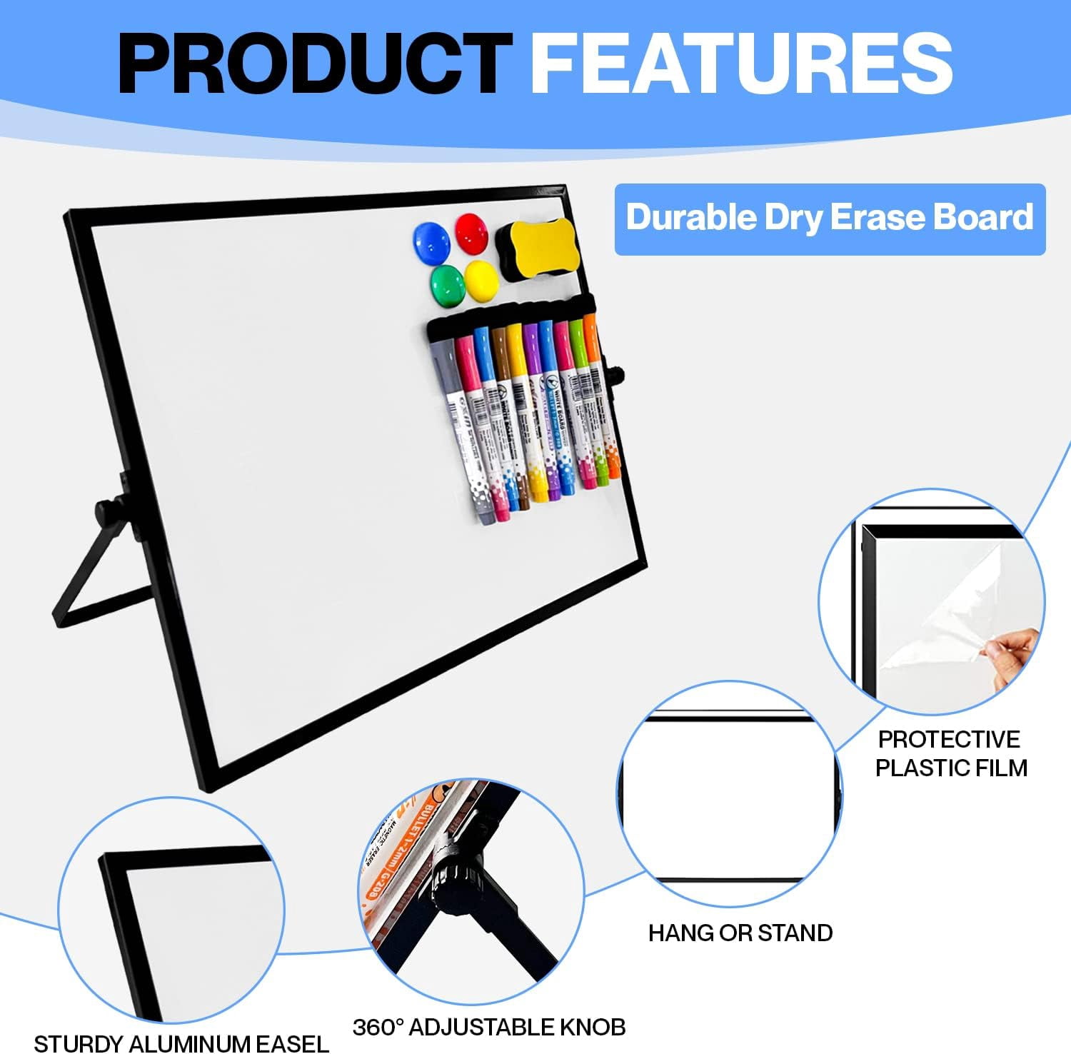 Lilymeche Concept - Dry Erase Board, 16" x 12" Magnetic Desktop Whiteboard with Stand,10 Markers, 4 Magnets, 1 Eraser, Double-Sided Portable Board for Drawing, Kitchen Planning, School, Home, Office