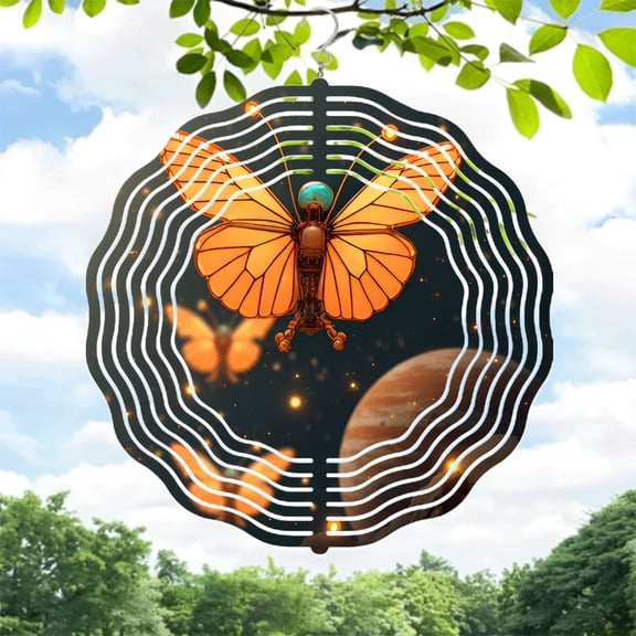 Intricate Butterfly Metal Wind Spinner with Vibrant Orange Wings & Turquoise Gem - Celestial Garden Decor