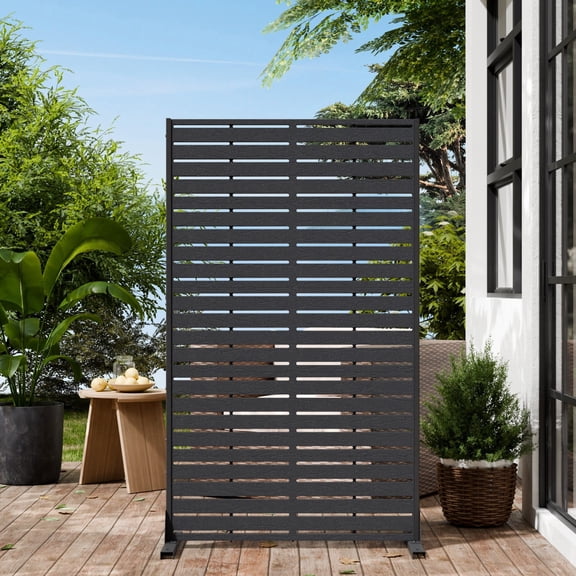 TOPCOMFY Privacy Screen Outdoor 72" Hx47 W Freestanding Privacy Panel with Stand, HDPE Decorative Privacy Fence with Sandblasting Louver Pattern, Black Sand