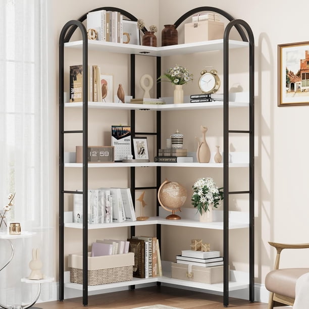 68.5 - pulgada 5 - tier industrial l - shaped de esquina estante con arched metal frame - freestanding para exposición rack para sala de estar, dormitorio o oficina en casa