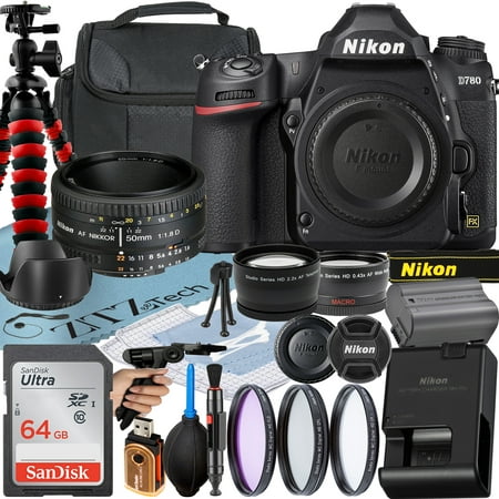 Nikon D780 DSLR Camera with AF NIKKOR 50mm f/1.8D Lens + SanDisk 64GB Card + Case + 3 Pieces Filter + Flash + ZeeTech Accessory Bundle