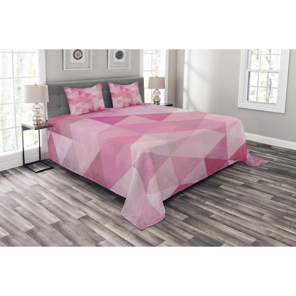 Ambesonne Pink Quilted Bedspread Set 3 Pcs, Abstract Vintage Triangles, Queen Size, Pink