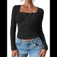 thumbnail image 2 of Blusas de Larga para Mujer, de Punto Acanalado Henley, con Botones y Corte Ajustado, Blusas Básicas Informales de Otoño 2025. Negro M, 2 of 10