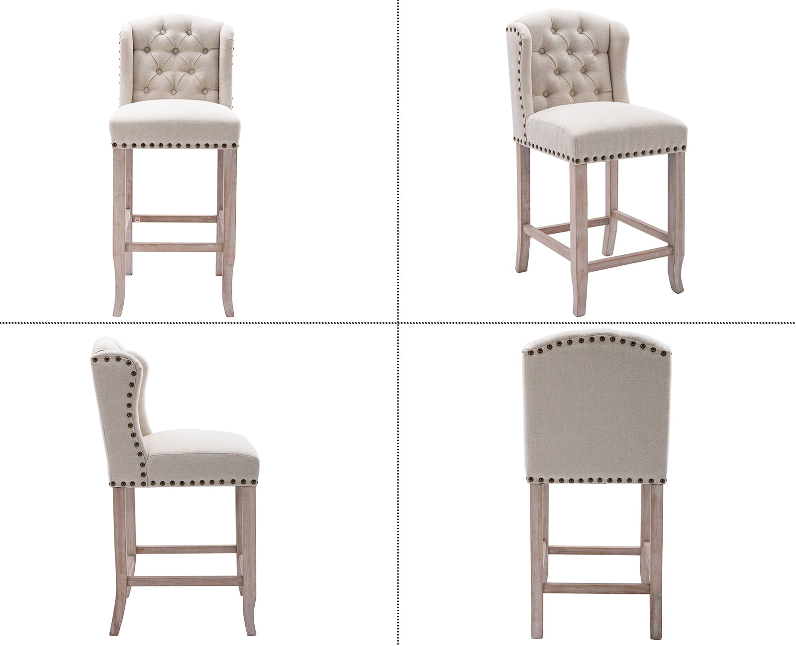 Guyou Modern Tufted Bar Stool Set of 2, 26" Counter Height Bar Stool with Back and Nailhead Trim, Linen Upholstered Solid Wood Kitchen Island Chair Barstools for Bar Restaurant Cafe Dining Room, Beige