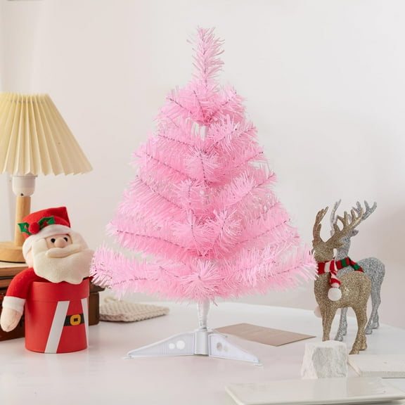 18Inch Artificial Christmas Tree Pink Mini Tabletop Christmas Pine Tree with Plastic Stand Small Xmas Tree for Indoor Outdoor Holiday Home Decoration