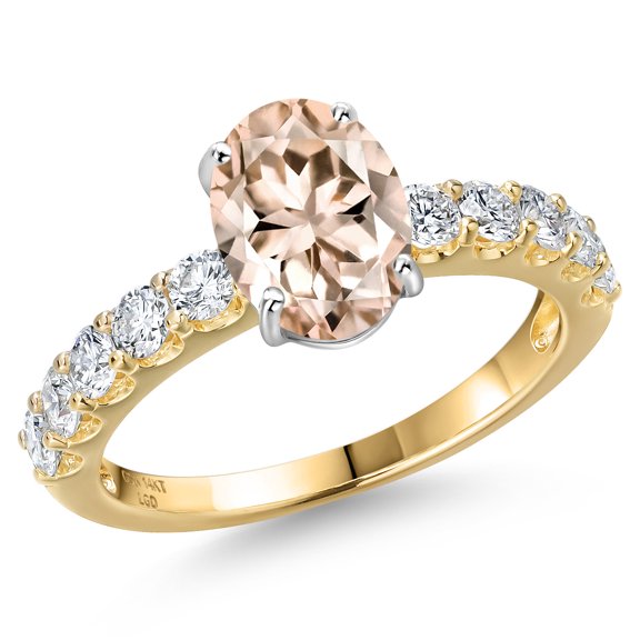 Gem Stone King 14K Two Tone Gold Peach Morganite and Lab Grown Diamond Engagement Ring for Women | 2.25 Cttw | Oval 9X7MM | Gemstone October Birthstone | Size 8