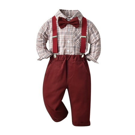 

EHTMSAK Toddler Baby Children Boy 2PCS Bow Tie Shirts and Suspender Pants Set Long Sleeve Clothing Set Outfits Wine 120