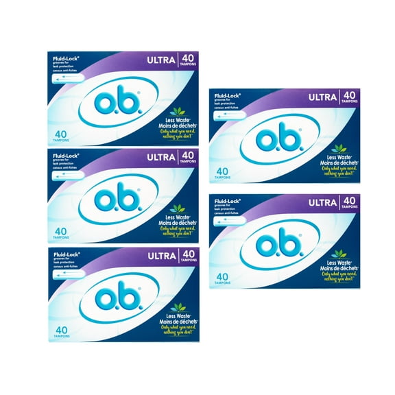 o.b. Tampons No Applicator, Unscented - 40ct, Applicator-Free Tampons Ultra, Feminine Care, ob Tampon Ultra, Period Products - 5 Pack