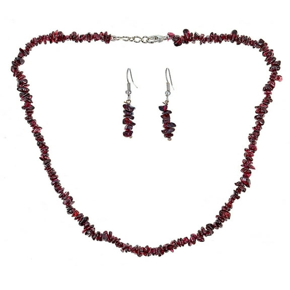 Genuine 6mm Uncut Chip Bead Real Garnet GemStone Necklace & Earrings Set In 925 Sterling Silver