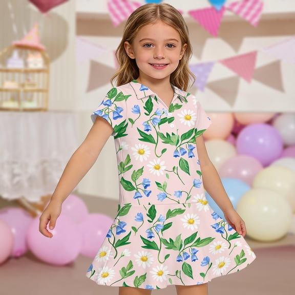 CCRFTGI Polo Dresses for Kids Girls Size 10-12 School Uniform Cute Floral Print Pleated Flare Skater Polo Dresses Back To School Summer Button-Down Collar Picque Polo Dress Pink 3-4 Years