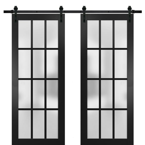 Sturdy Double Barn Door with Frosted Glass 12 Lites | Felicia 3312 Matte Black | 13FT Rail Hangers Heavy Set | Solid Panel Interior Doors-36" x 84" (2* 18x84)-Black Rail
