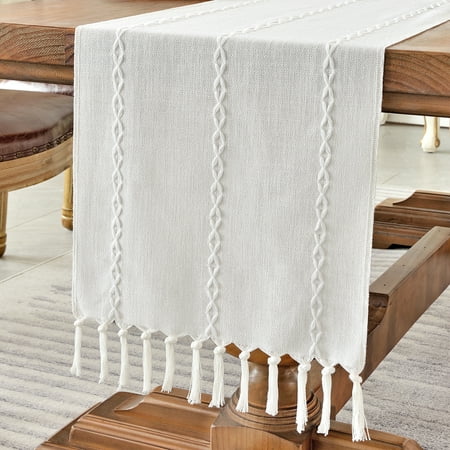 

Wracra Rustic Linen Table Runner Farmhouse Style Table Runners 48 inches Long Embroidered Table Runner with Hand-Tassels for Party Dresser Decor and Dining Room Decorations(white 13 ×48 )