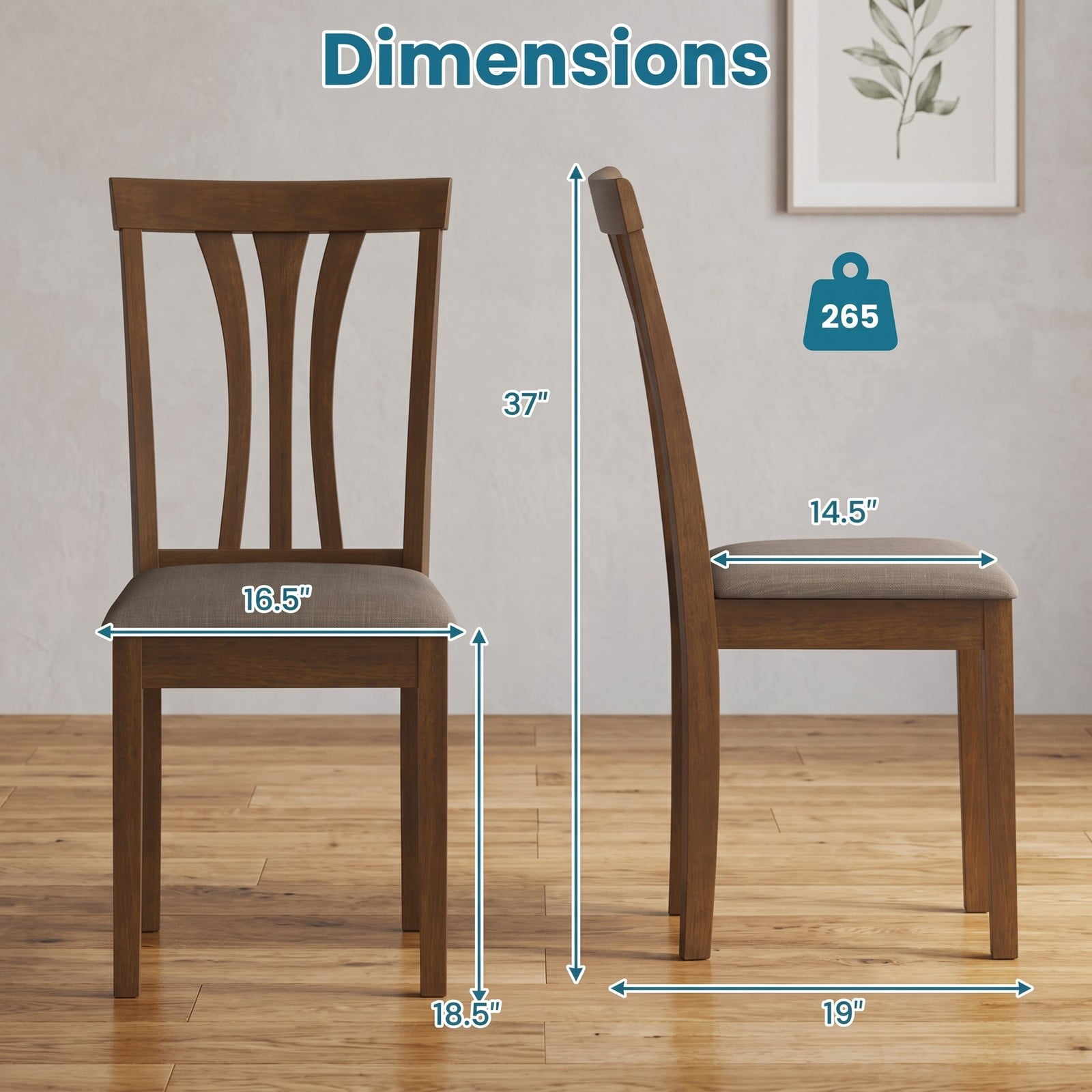 Furnibear Wooden Dining Chairs Set of 2, Linen Fabric Upholstered Kitchen Side Chairs with Rubber Wood Frame, Ergonomic Slatted Backrest, Padded Seat for Dining, Brown