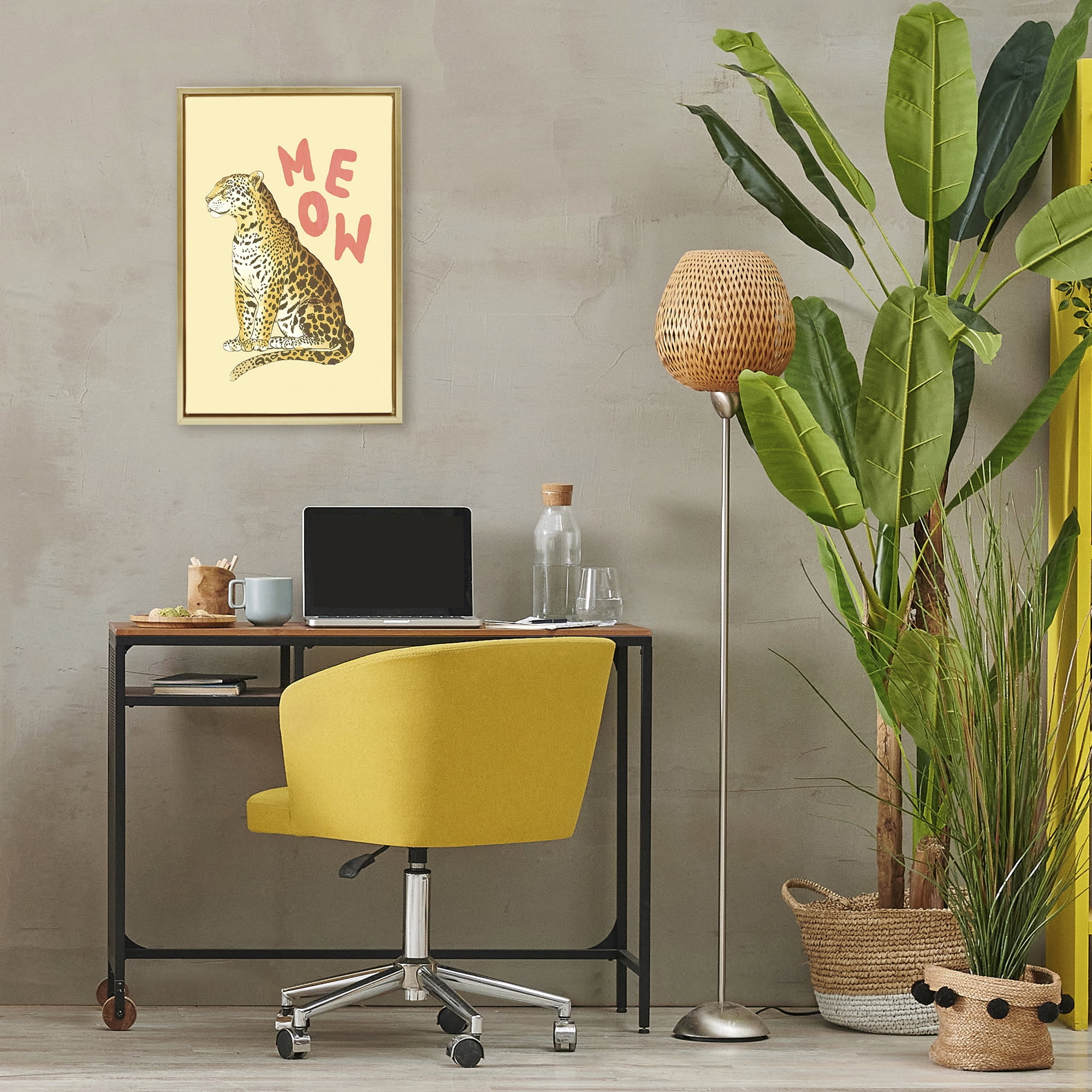 Stupell Industries Meow Leopard on Yellow Gold Framed Floater Canvas Wall Art, design by Florentina Dolci