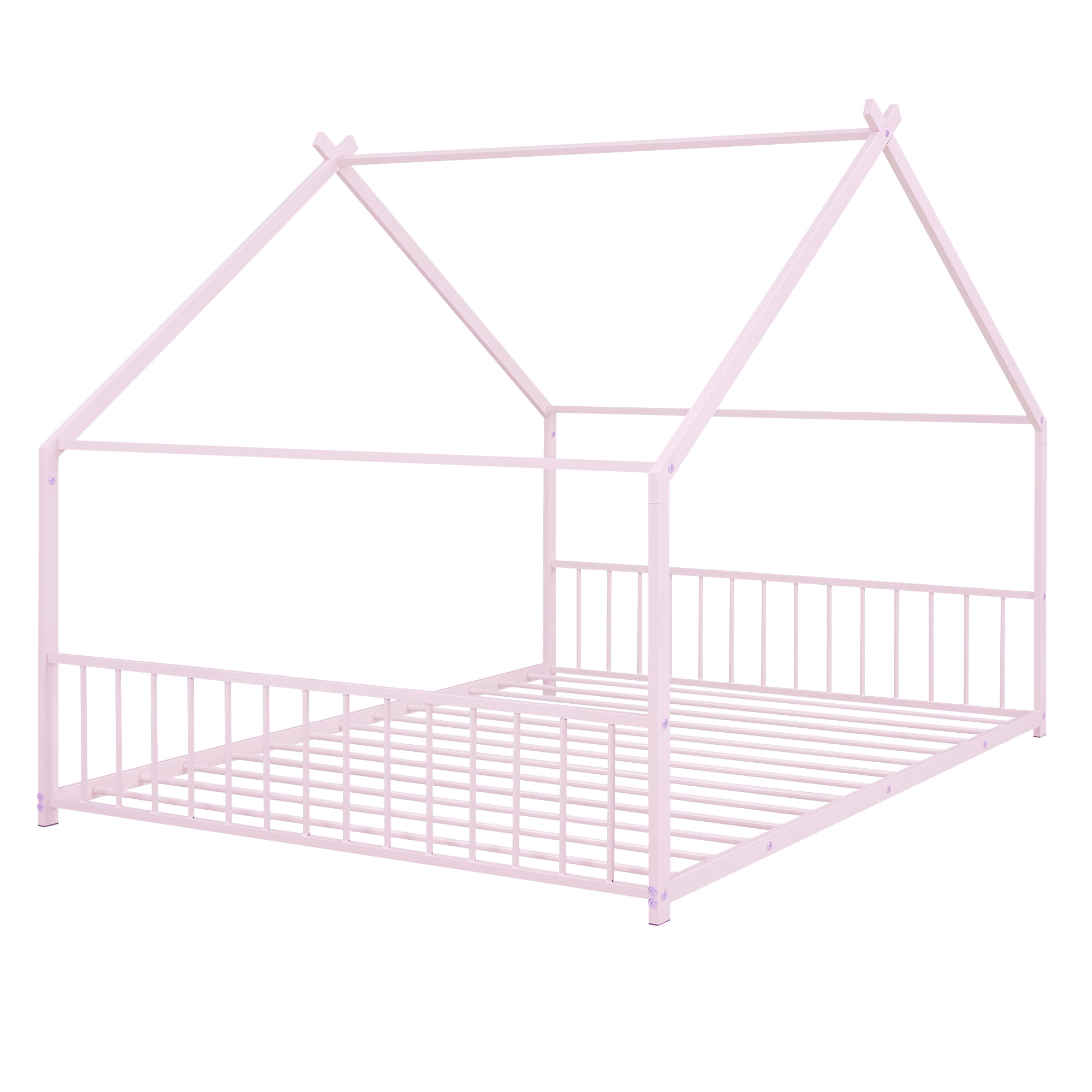 Aukfa Full Size Metal House Bed, Montessori Floor Bed for Kids Toddler, Pink