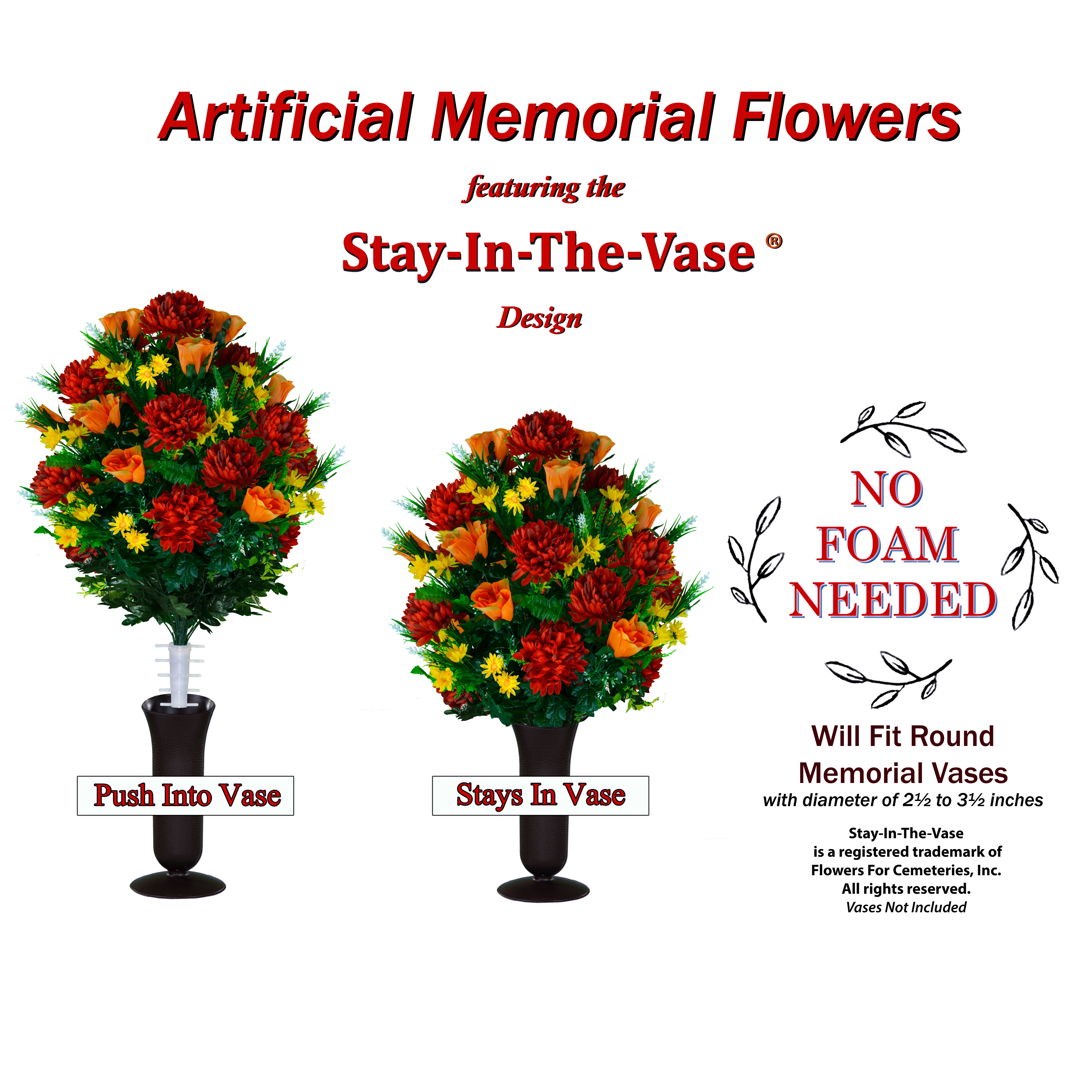 Sympathy Silks Artificial Cemetery Flowers Burgundy Mum and Orange Rose Bouquet for Outdoor Vase