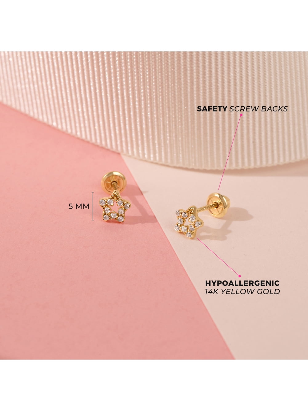 14k Gold CZ Encrusted Star Clear Baby / Kids Earrings Safety Screw Back