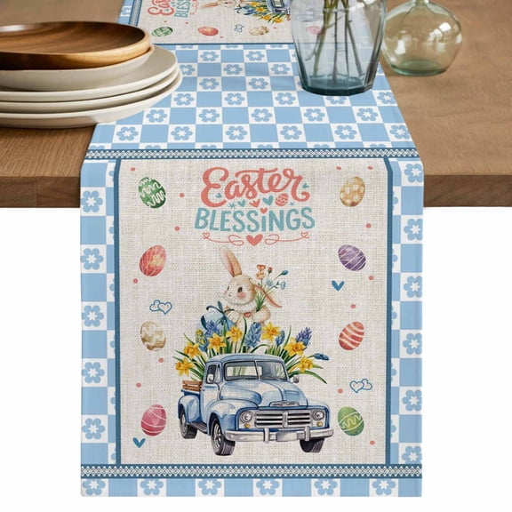 Table Runner 36 Inches Long for Kitchen Dining, Watercolor Easter Dresser Scarf Farmhouse, Dining Table Decorations for Wedding/Parties, Spring Rabbits Truck Eggs Flowers Blue Beige 13 x 36 In