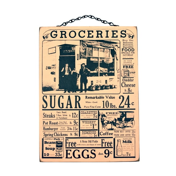 Vintage Wooden Newspaper Groceries Ad Hanging Sign Farmhouse Kitchen Wall Art Rustic Home Decor
