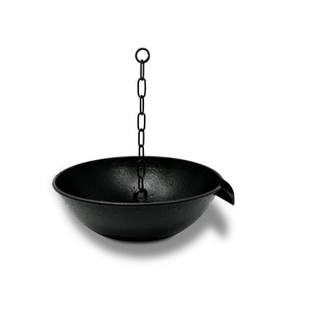 U-nitt 10" Anchoring Basin/Bowl/Dish for Gutter Rain Chain, Spill Bowl for Fountain, with Scupper, Birdbath Alternative, Attachment Chain, Black Powder Coated, 970BLK